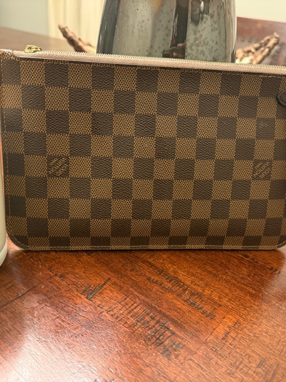 Louis Vuitton Damier Ebene Neverfull GM Pochette/Wrist Wallet Authentic - Picture 7 of 14